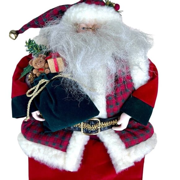 Santa Red Velour Christmas Stocking 3D Porcelain Face Glasses Bell Plaid Vest 24 - Picture 4 of 8